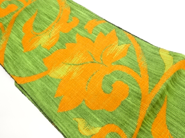 手織り真綿紬唐草に葉模様織出し名古屋帯